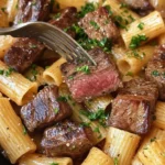 Garlic Butter Steak Parmesan Rigatoni served in a bowl garnished with parsley