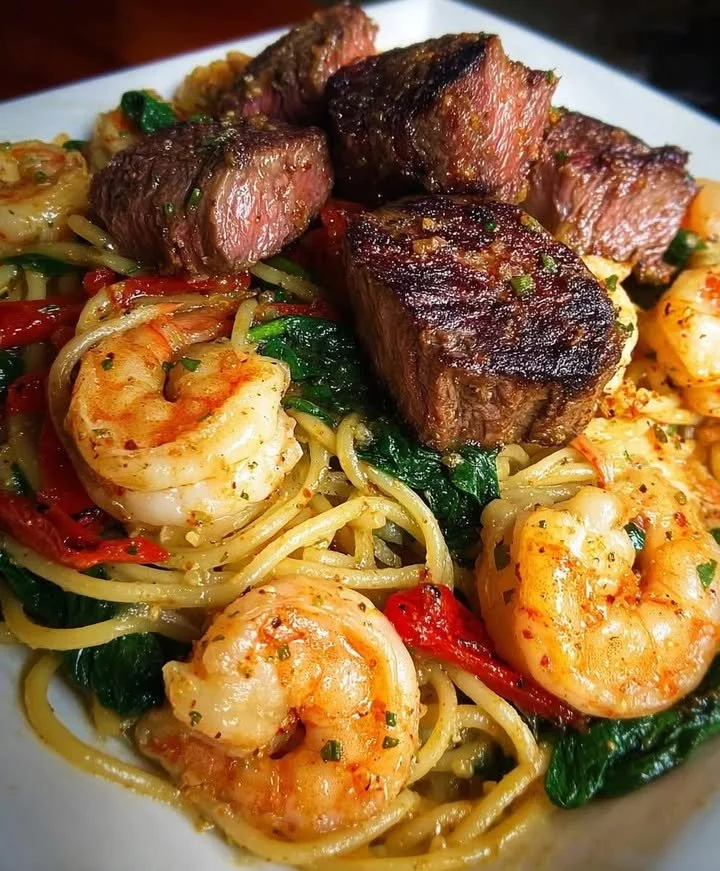 Delicious garlic butter steak and shrimp pasta on a plate