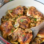 Plate of garlic mushroom chicken with herbs and spices