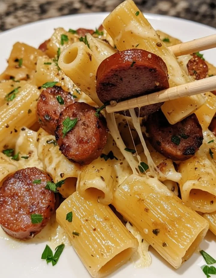 Delicious Garlic Sausage Alfredo Rigatoni topped with parsley