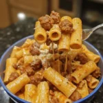 Creamy Garlic Sausage Alfredo Rigatoni with herbs and parmesan cheese