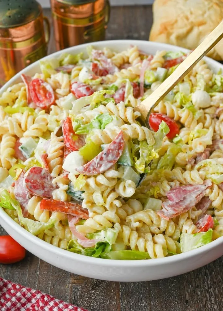 Delicious Grinder Pasta Salad with fresh ingredients and vibrant colors.