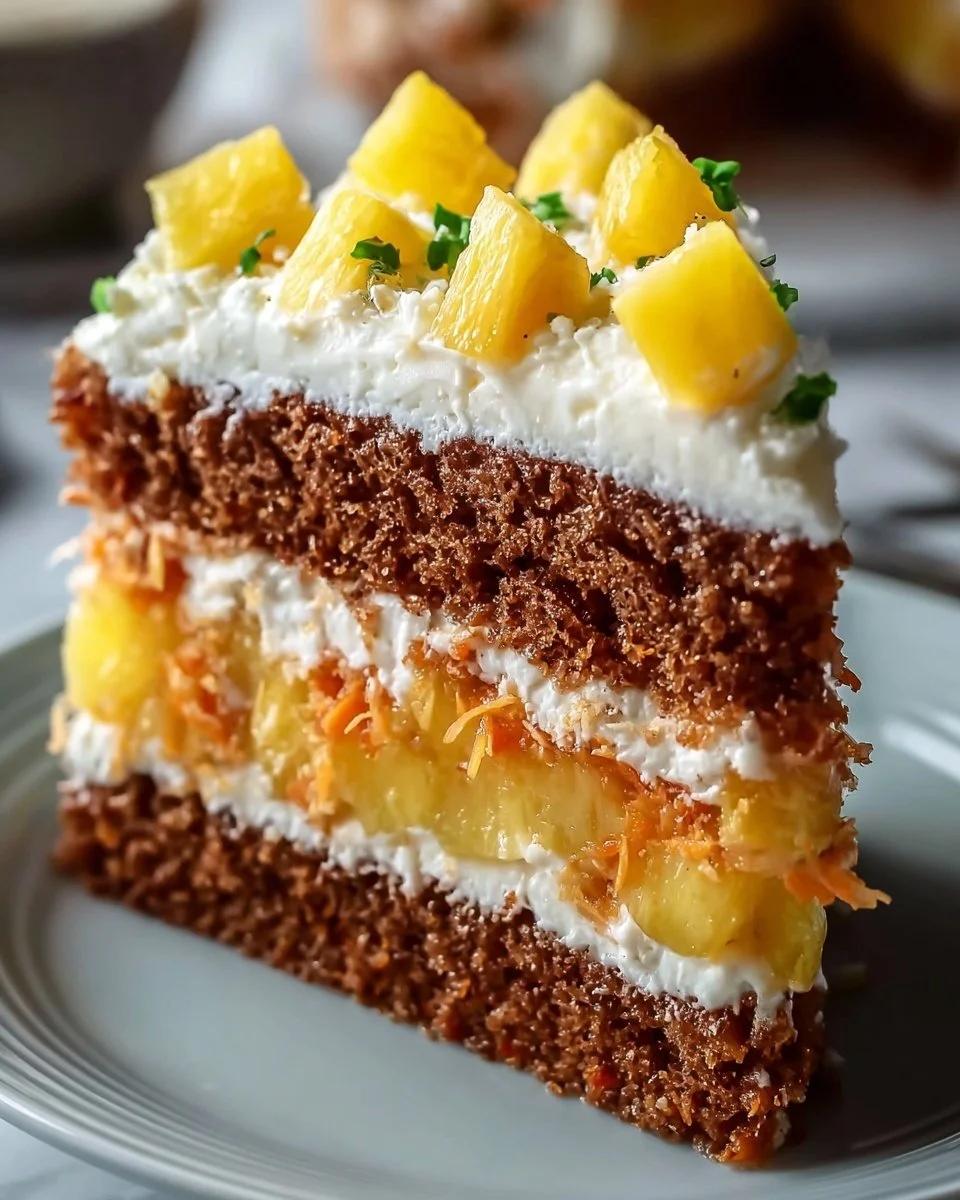 Delicious slice of Hawaiian Carrot Pineapple Cake with vibrant colors and tropical ingredients.