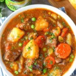 A bowl of hearty beef stew filled with tender meat and vegetables