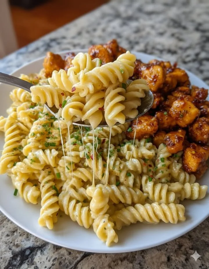 home High-protein honey butter chicken bites with Alfredo twisted pasta dish