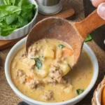 home Bowl of Italian Sausage White Bean Soup garnished with herbs.