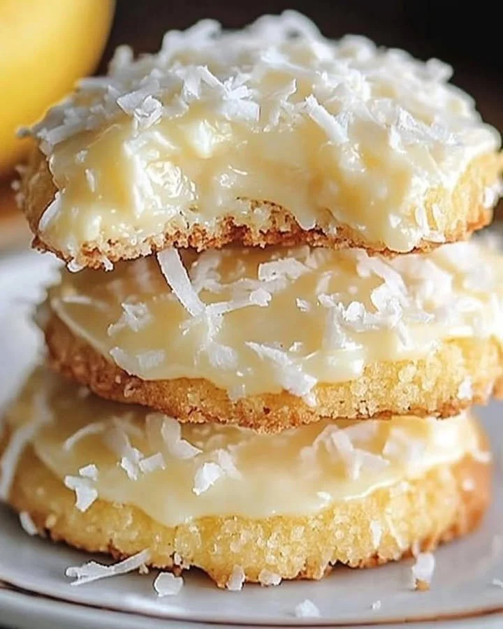 Lemon Coconut Cheesecake Cookies on a plate with zest and coconut flakes