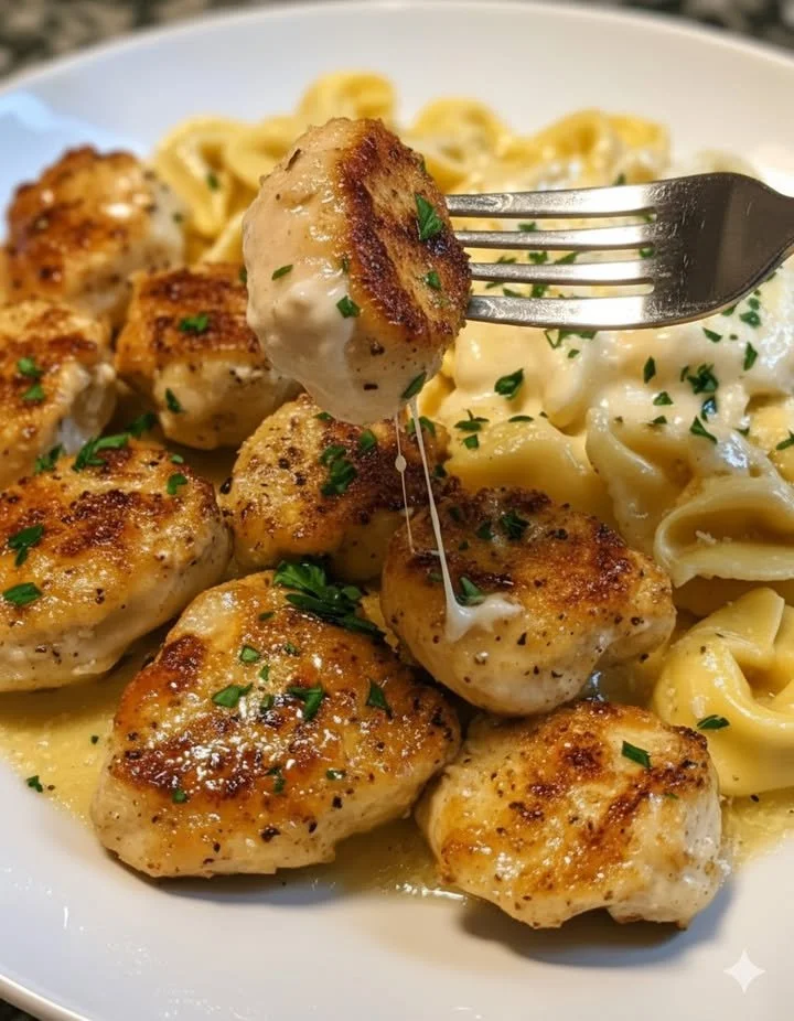 Lemon Garlic Butter Chicken Bites served with creamy tortellini in a bowl