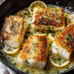 Lemon Garlic Butter Cod with Crispy Skin served on a plate
