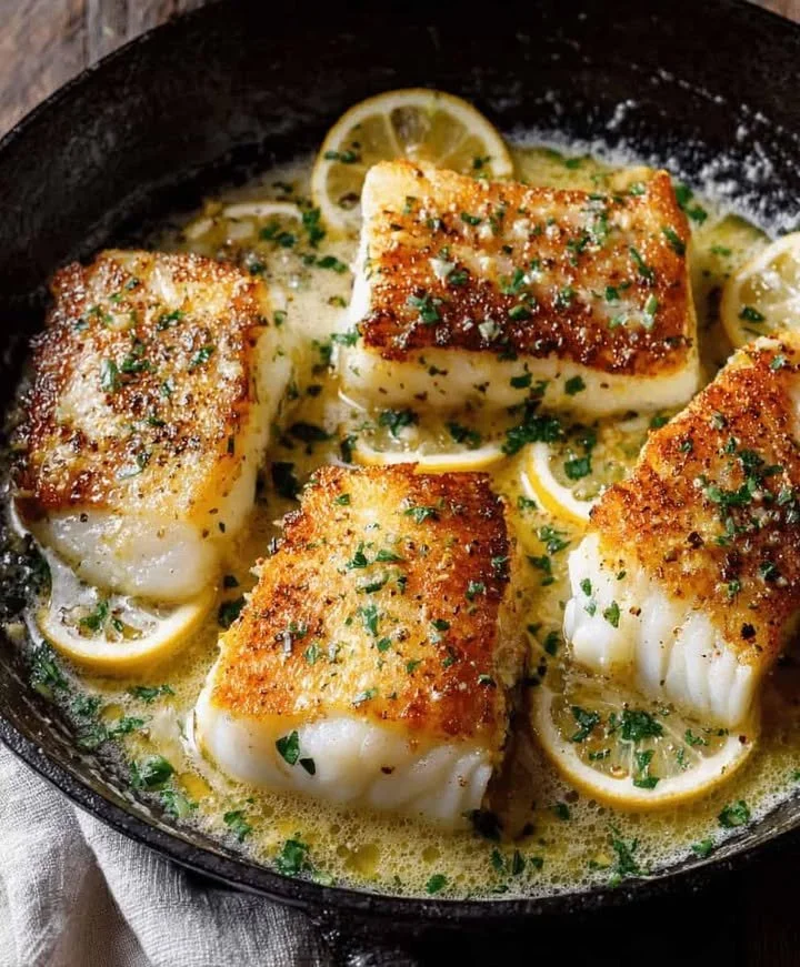 Blog Lemon Garlic Butter Cod with Crispy Skin served on a plate