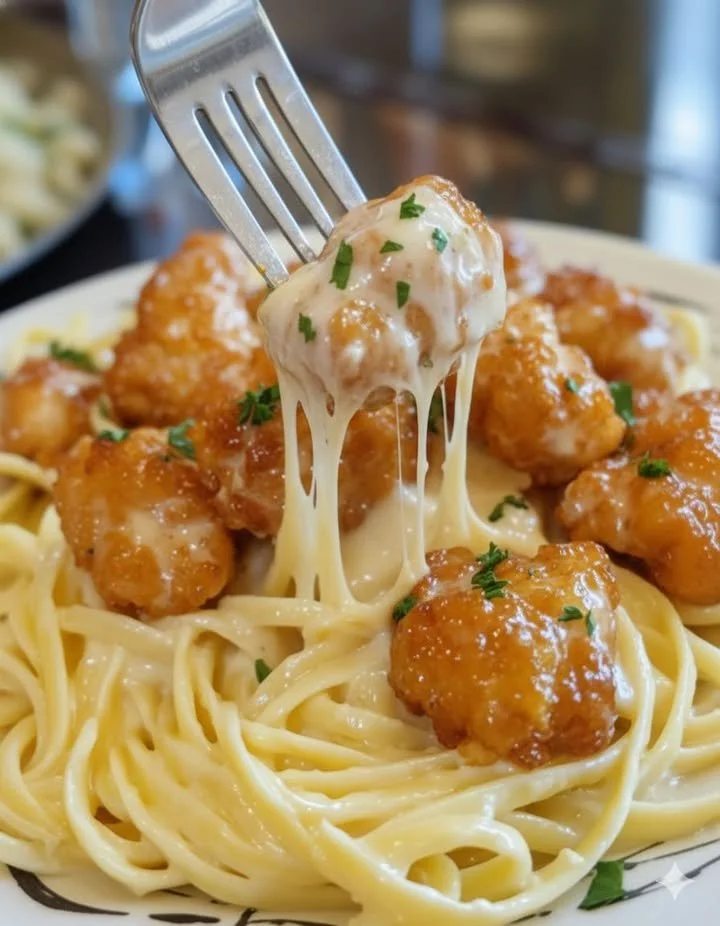 Lemon garlic chicken bites served with creamy fettuccine Parmesan Alfredo