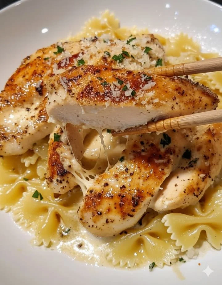 Delicious lemon garlic chicken served with creamy bowtie pasta