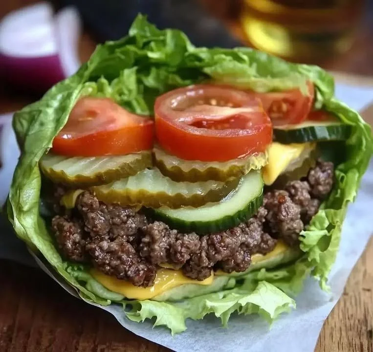Lettuce Wrap Burgers Healthy lettuce wrap burgers served on a plate with fresh ingredients.