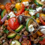 Mediterranean-style ground beef stir fry with colorful veggies and spices