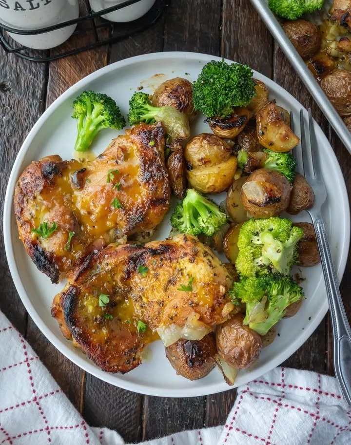 One Pan Honey Mustard Chicken and Potatoes dish served on a plate