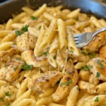 home One-Pot Garlic Chicken with Parmesan Penne recipe featuring chicken and pasta.