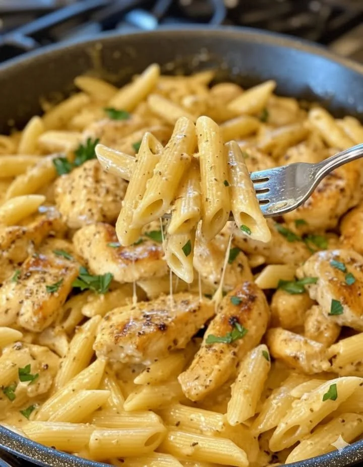 One-Pot Garlic Chicken with Parmesan Penne recipe featuring chicken and pasta.