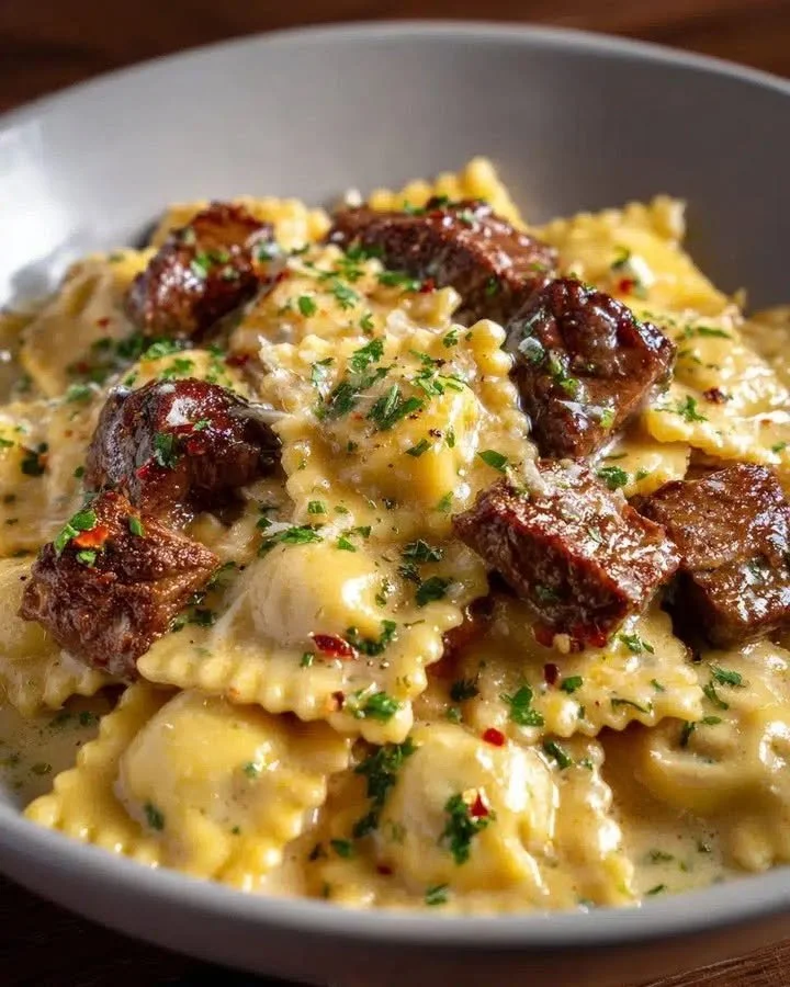 Delicious One-Skillet Garlic Butter Steak served with Cheese Ravioli