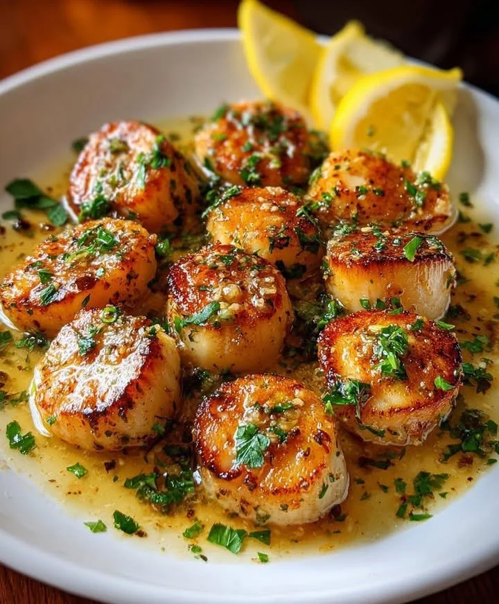 Delicious pan-seared scallops topped with flavorful lemon garlic butter.