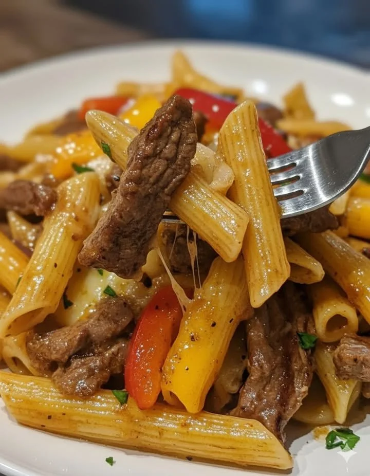 home Creamy Philly Cheesesteak Pasta with beef and cheese sauce.