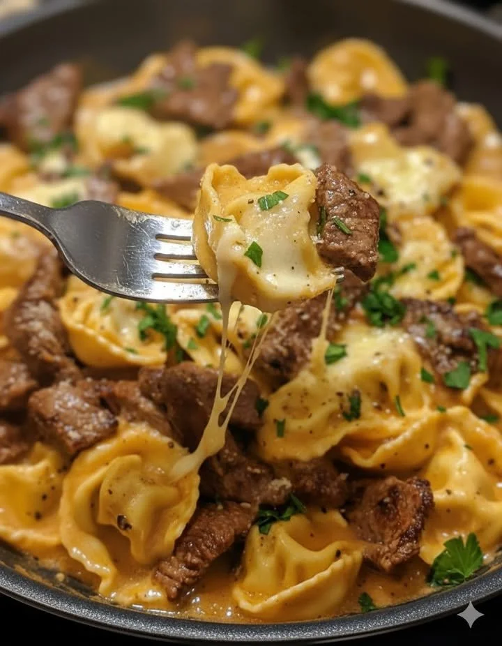 home Creamy Provolone Sauce over Philly Cheesesteak Tortellini