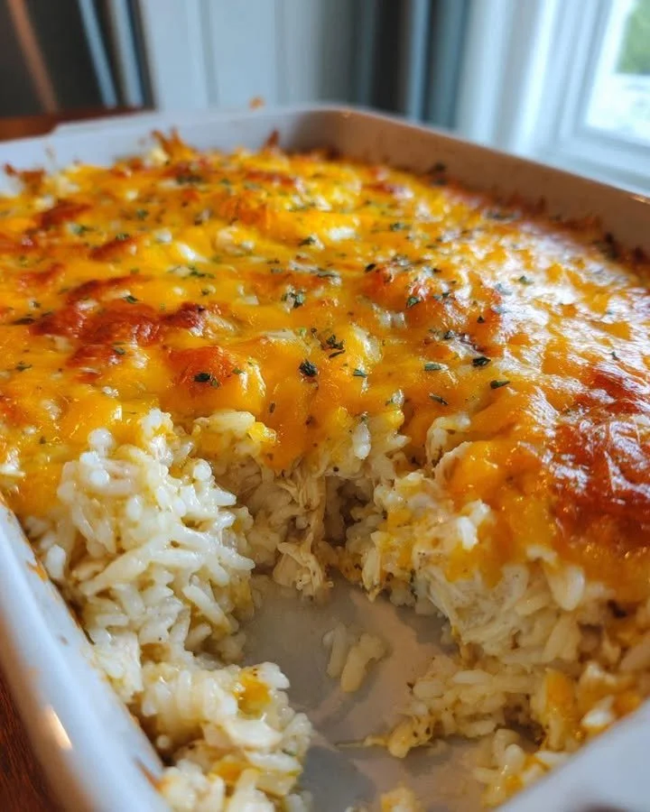 Delicious Pioneer Woman chicken rice casserole served in a baking dish.