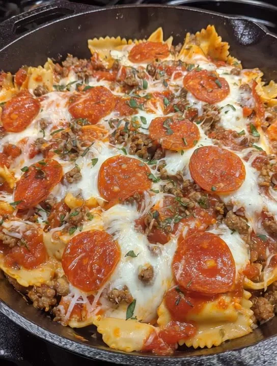 home Delicious Pizza Lasagna Skillet Bake ready to serve in a cast iron skillet