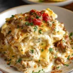 Delicious Sausage Alfredo Ravioli Lasagna baked to perfection.