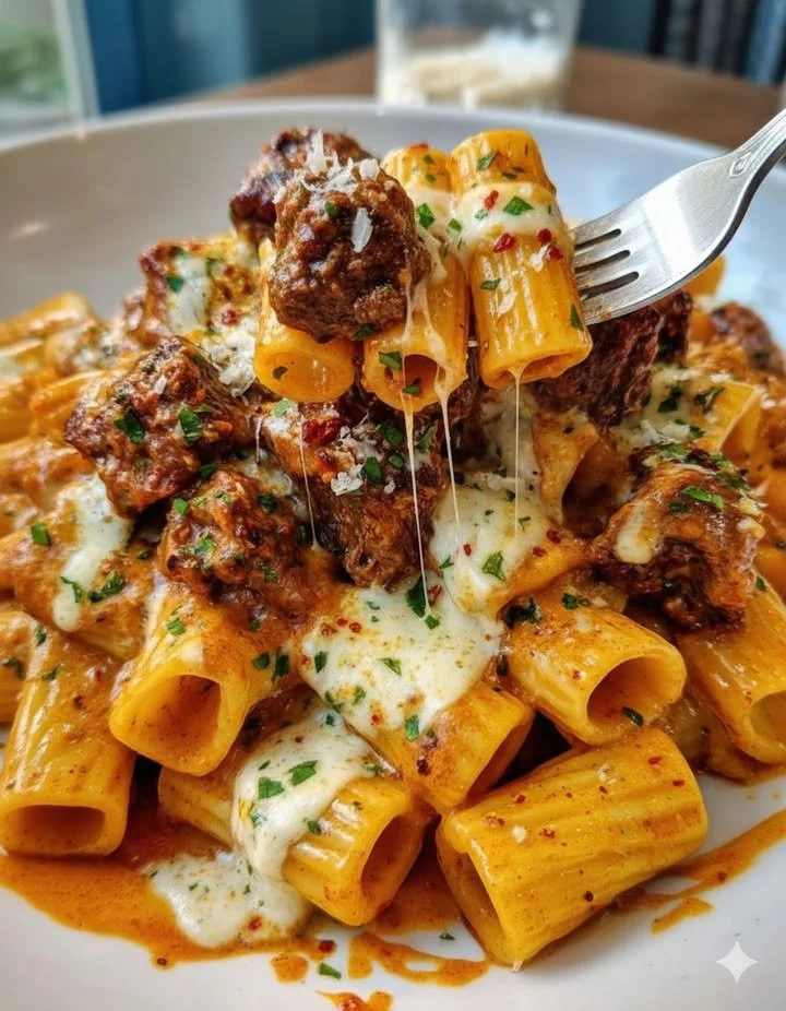 Savory Cajun garlic butter beef served with creamy rigatoni alfredo