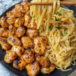 Savory garlic butter chicken bites served with creamy parmesan linguine