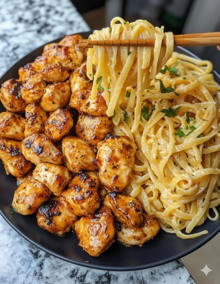 Savory garlic butter chicken bites served with creamy parmesan linguine