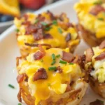 Scrambled egg hash brown cups fresh out of the oven, garnished with herbs.