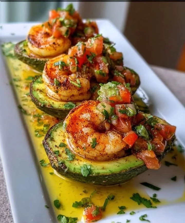 Seared shrimp stuffed in ripe avocados garnished with herbs.