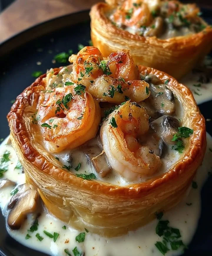 Blog Shrimp Mushroom Vol-au-Vent with creamy garlic sauce in a pastry shell