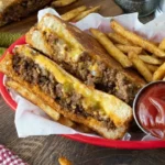 home Delicious Sloppy Joe Grilled Cheese sandwich with melted cheese and seasoned beef
