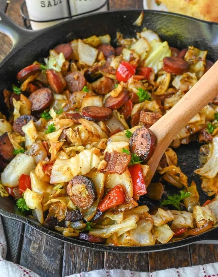 Southern Fried Cabbage and Sausage dish served in a skillet