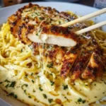 home Spicy Cajun Chicken served with garlic parmesan linguine on a plate.
