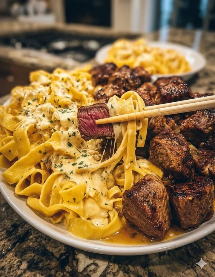 Spicy Cajun Steak Tips served with cheesy fettuccine on a plate