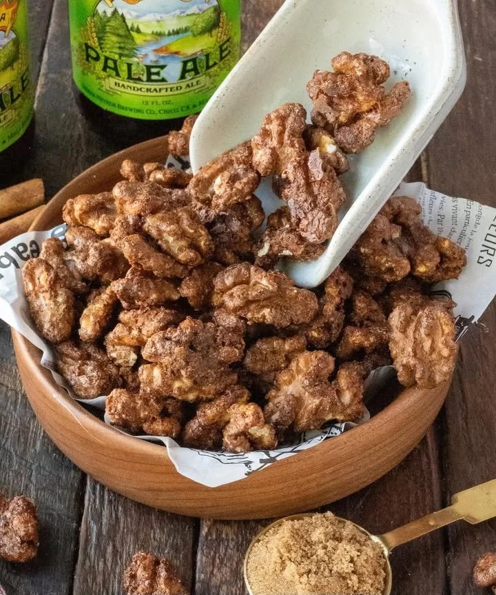 Delicious spicy candied walnuts in a bowl
