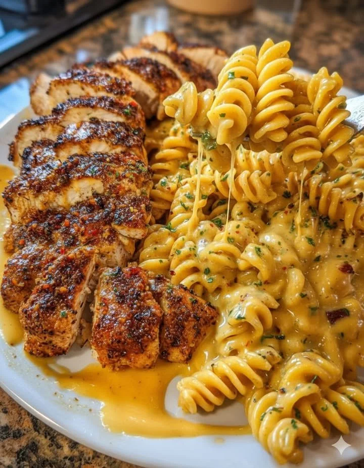 Spicy Garlic Chicken Rotini served with Velveeta cheese sauce