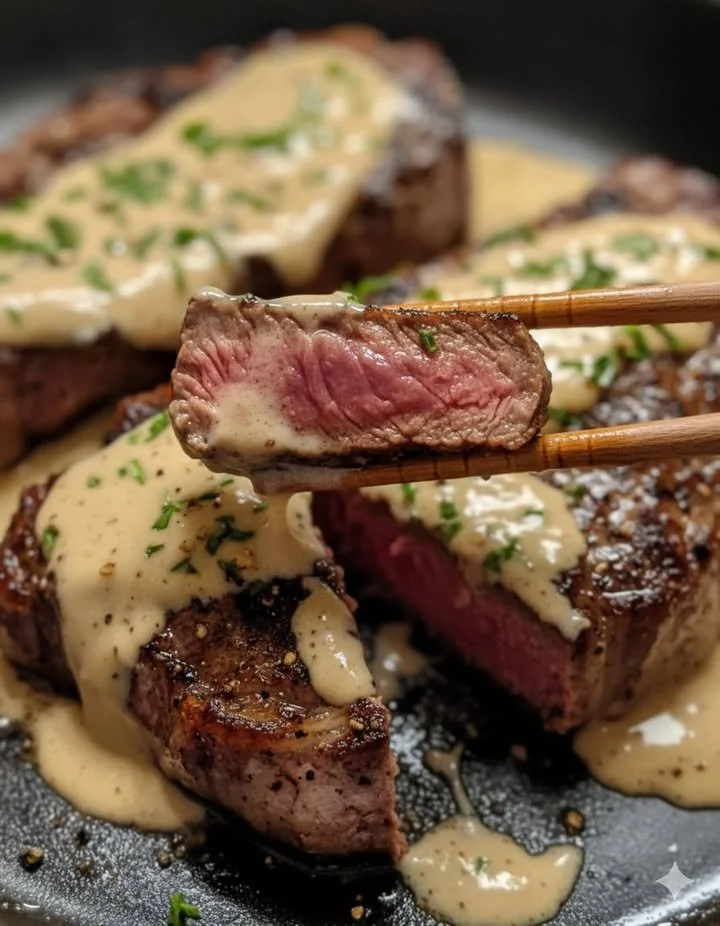 Steak with bourbon-style garlic cream sauce on a plate