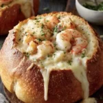 Stuffed seafood bread bowl filled with fresh seafood and creamy sauce