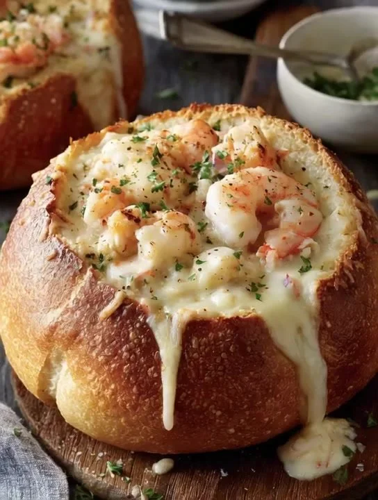 home Stuffed seafood bread bowl filled with fresh seafood and creamy sauce