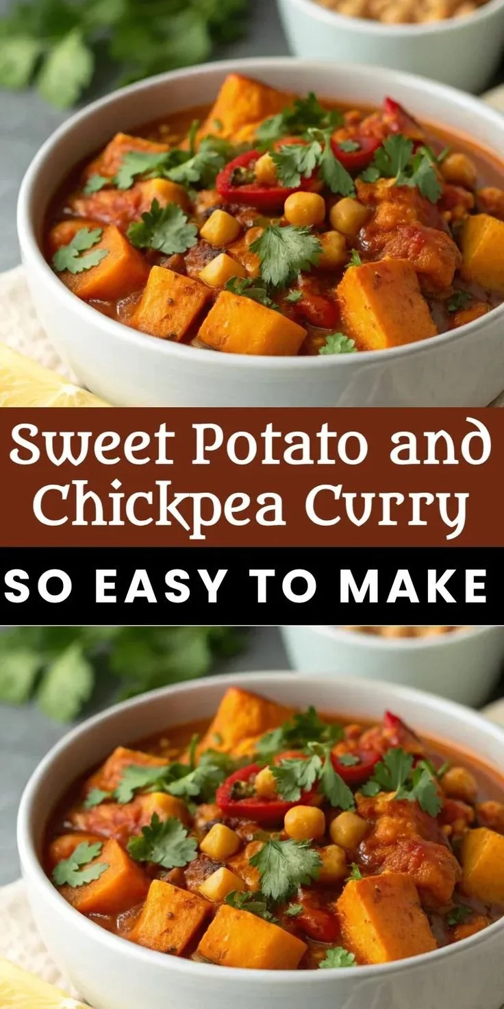 Bowl of Sweet Potato and Chickpea Curry garnished with fresh herbs