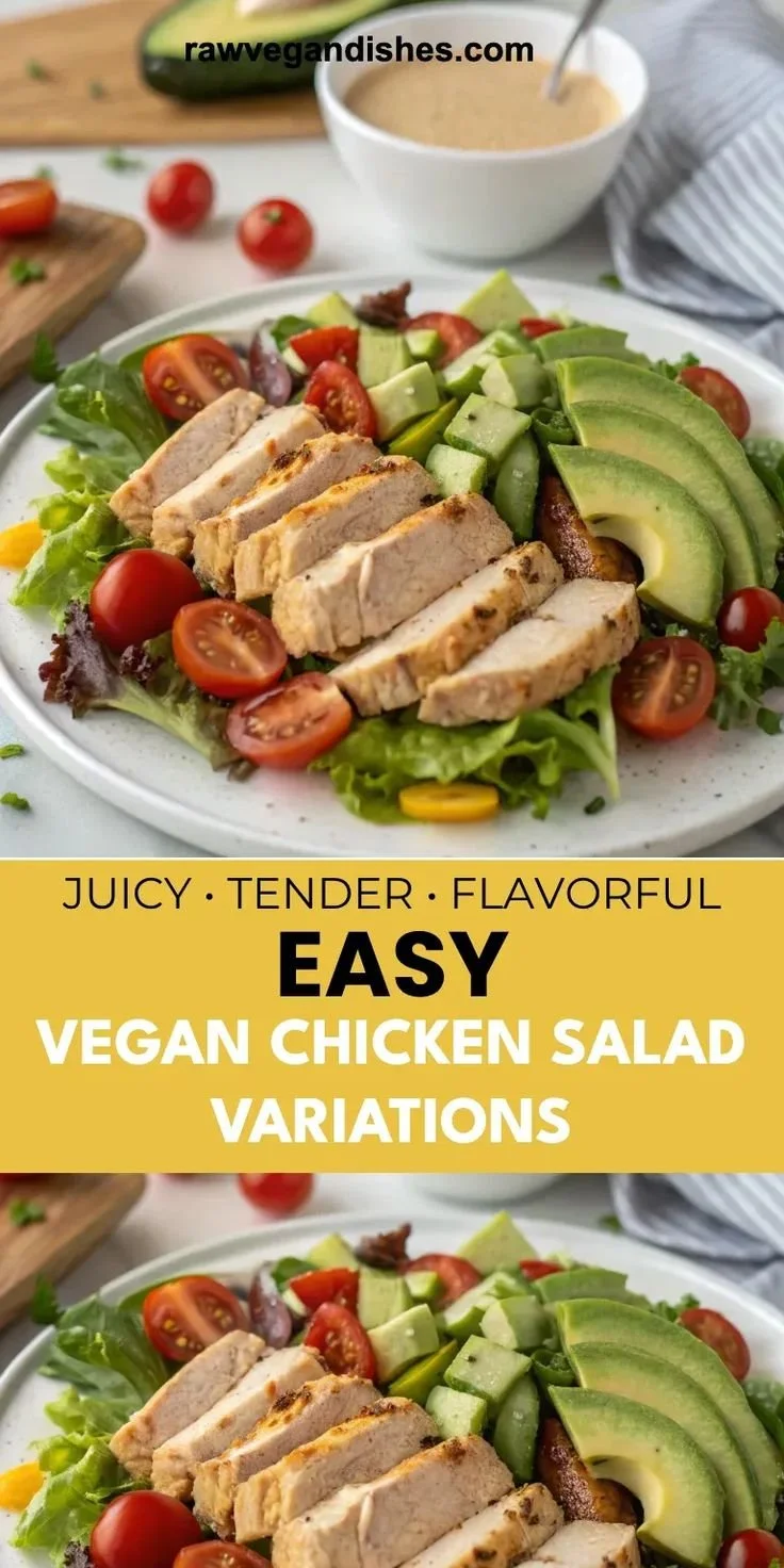 home A colorful bowl of vegan chicken salad with fresh ingredients and garnishes.