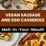 home Vegan sausage and egg casserole served in a dish, topped with herbs.