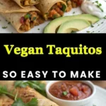 Plate of crispy Vegan Taquitos served with salsa and avocado