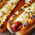 home Air Fryer Grilled Cheese Hot Dogs served on a plate with melted cheese and crispy edges