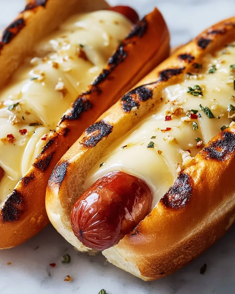 Air Fryer Grilled Cheese Hot Dogs served on a plate with melted cheese and crispy edges