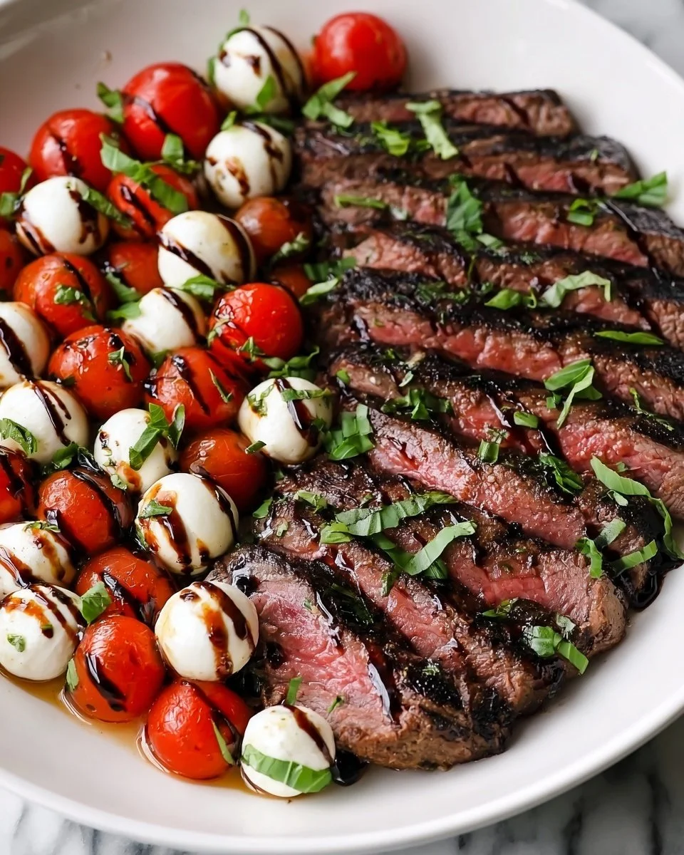 Balsamic Caprese Grilled Flank Steak with fresh basil and tomatoes